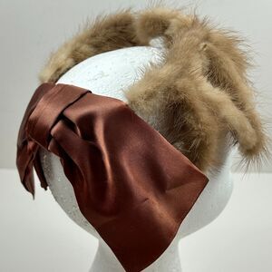 Vintage Open Work Mink Hat Cap Large Satin Bow